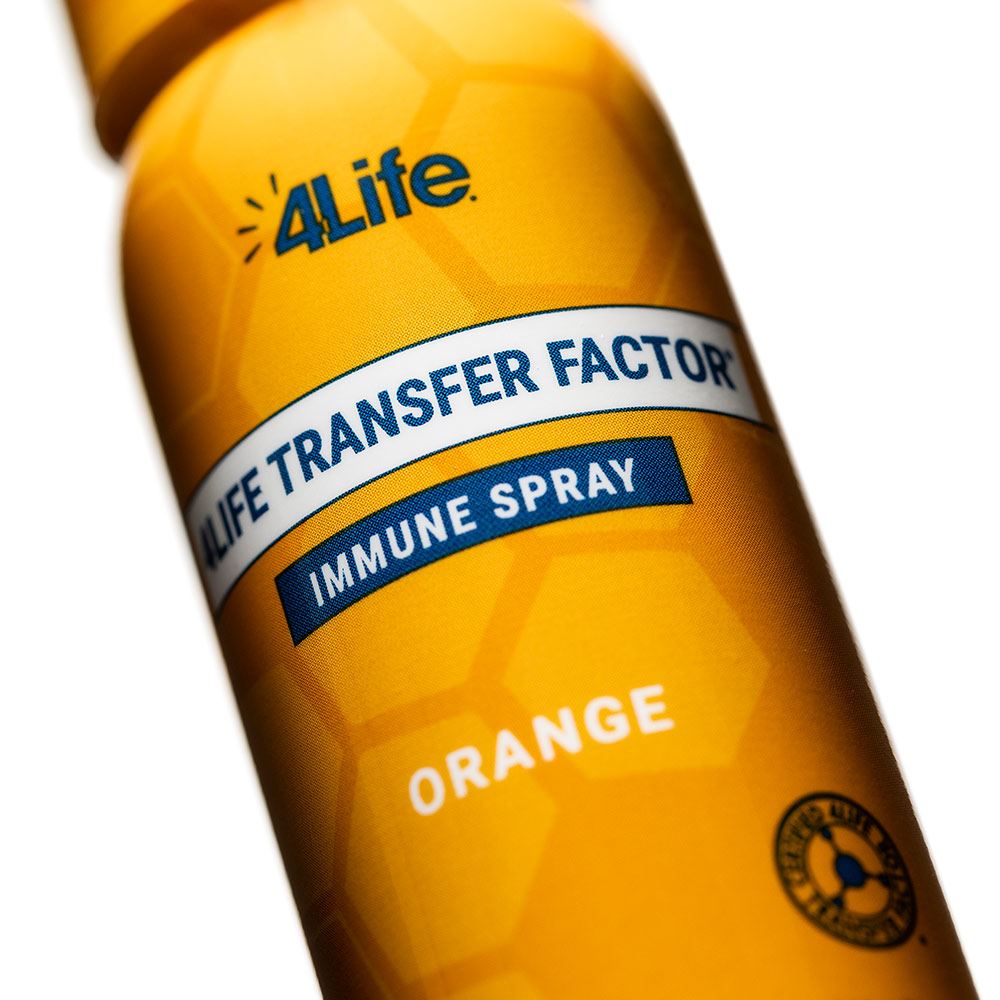 4Life Transfer Factor Immune Spray - Mouth and Throat Immune System Support Spray - Formula with Zinc, Marshmallow Root Extract, and Colloidal Silver - 1.7 Fluid Ounces - Orange Flavor, Close Up Image