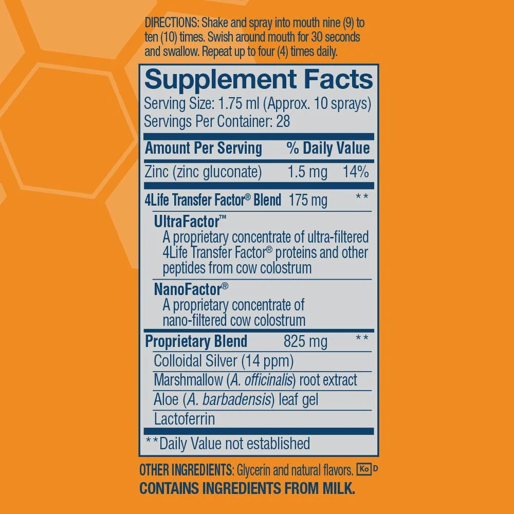 4Life Transfer Factor Immune Spray - Mouth and Throat Immune System Support Spray - Formula with Zinc, Marshmallow Root Extract, and Colloidal Silver - 1.7 Fluid Ounces - Orange Flavor, Supplement Facts