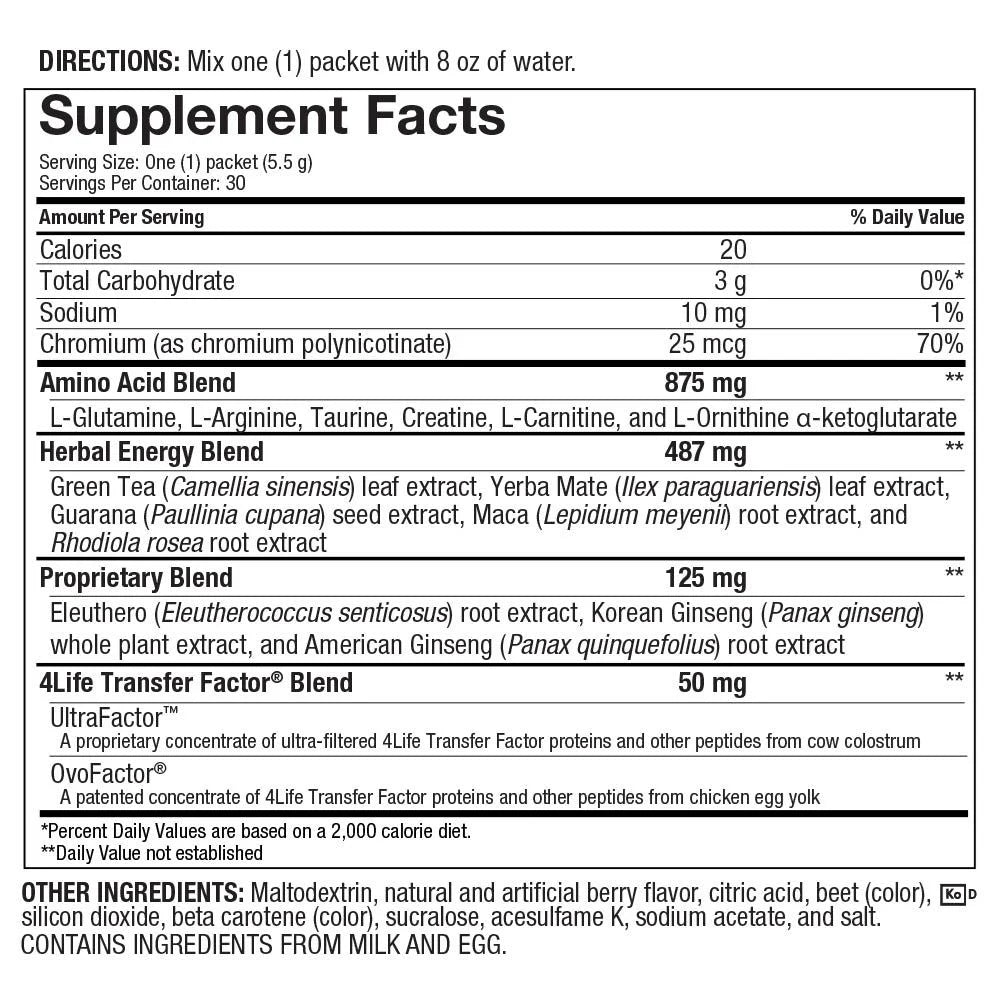 4life Energy Go Stix Berry Drink Mix - Contains Natural Caffeine from Guarana, Maca, Yerba Mate, and Green Tea Leaf Extract - 15 Packets, Supplement Facts, Front View