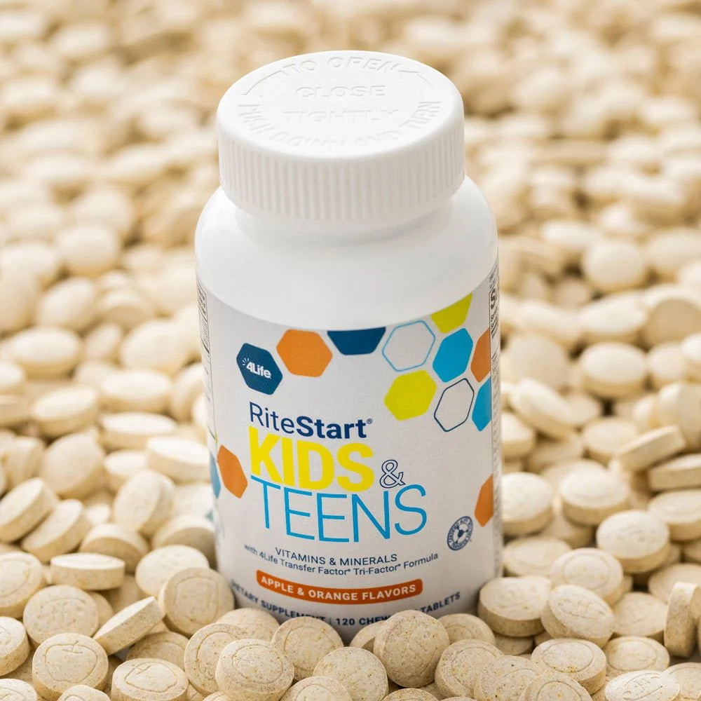 4Life RiteStart Kids & Teens 22 Essential Vitamins and Minerals with Vitamin A,C,D,E, Folate, Pantothenic Acid, Choline, Iron, and Zinc Ages 2 and Up, Immune System Support Transfer Factor - Brain Support - 120 Chewable Tablets, Close Up with Chewables