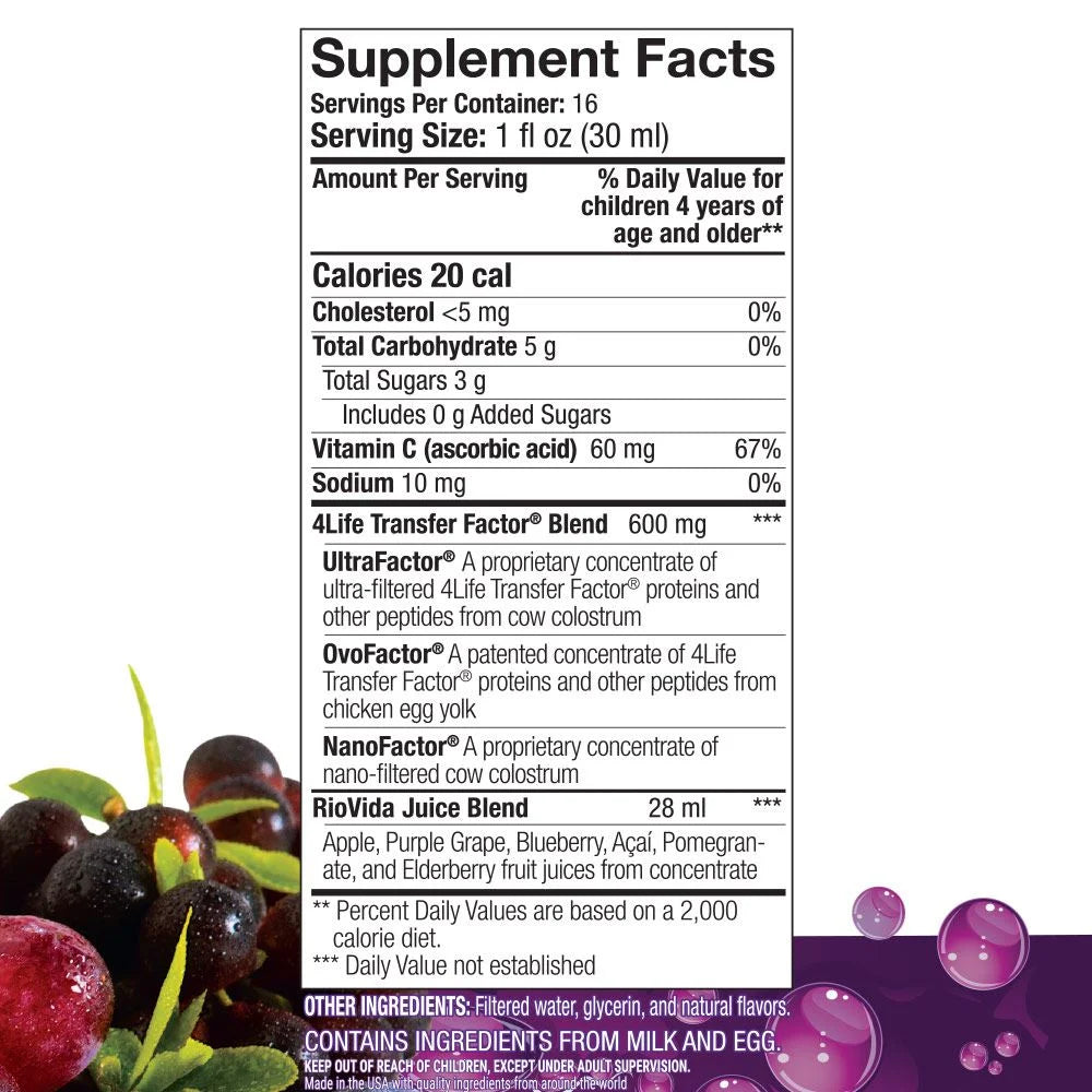 4Life Transfer Factor RioVida Tri-Factor Formula - Liquid Immune System and Antioxidant Support with Vitamin C, Elderberry, Blueberry, and Acai - Single Pack, Supplement Facts