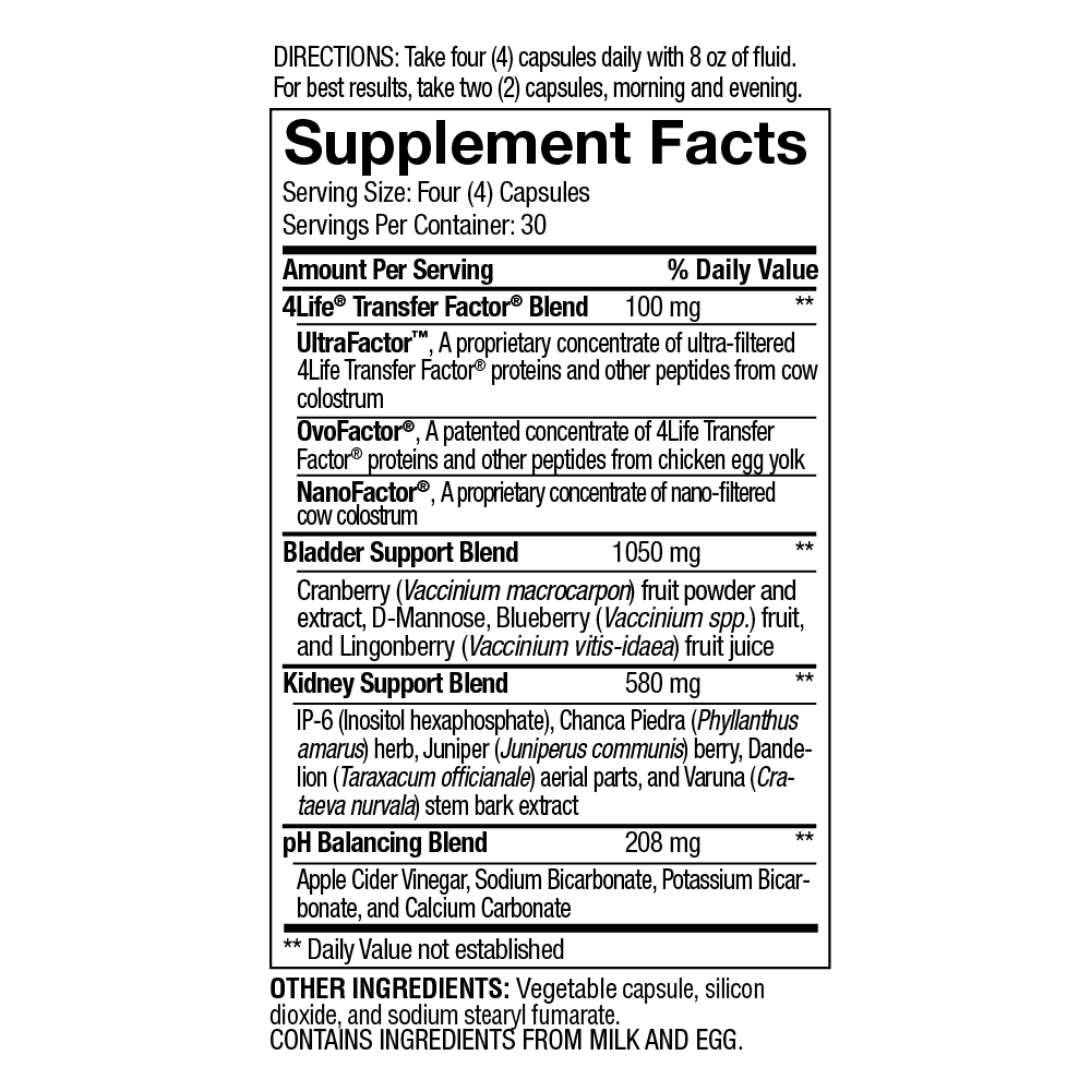 4Life KBU - Urinary Support Supplement Transfer Factor for Bladder & Kidney Health - Cranberry, Chanca Piedra, IP-6, Blueberry, Dandelion & Juniper Berry - Supports Immune System & Cleansing - 120 Veggie Capsules, Supplement Facts, Front View