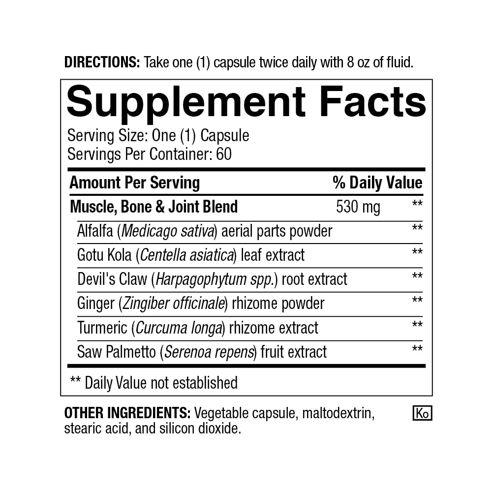 4Life Musculoskeletal Formula - Devil’s Claw, Turmeric, Gotu Kola & Alfalfa for Bone, Joint, Muscle & Connective Tissue Health - Supports Muscle Repair & Immune Function - 60 Veggie Capsules, Supplement Facts, Front View