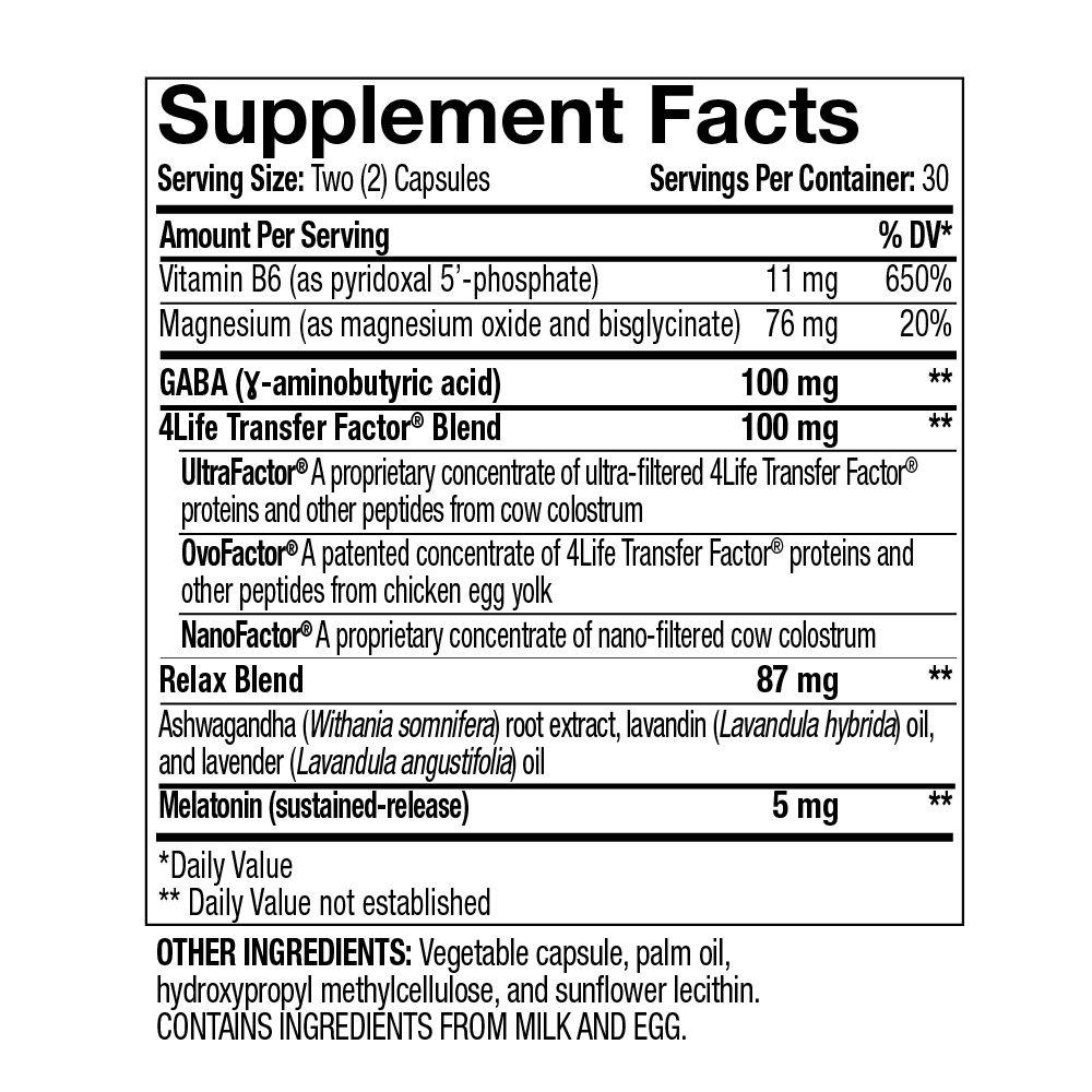 4Life Transfer Factor SleepRite - All-Natural Immune and Sleep Support with GABA and melatonin - 60 Capsules, Supplement Facts