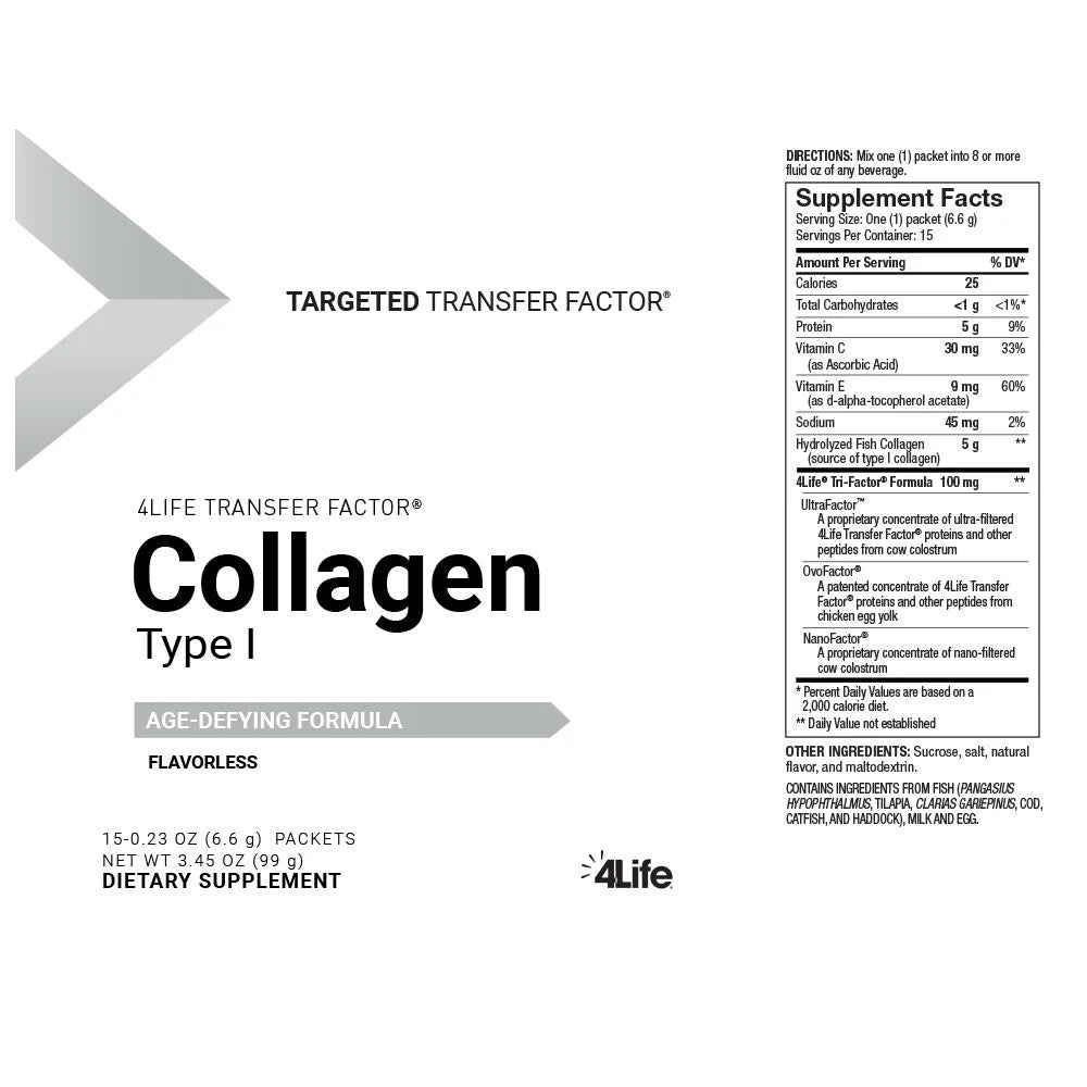 4life Transfer Factor Type 1 Collagen Supplement Hydrolyzed Marine Collagen Peptides for Skin Elasticity and Healthy Hair and Nails, Supplement Facts