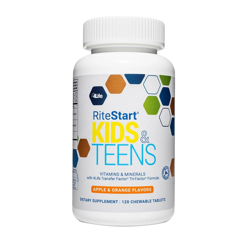 4Life RiteStart Kids & Teens 22 Essential Vitamins and Minerals with Vitamin A,C,D,E, Folate, Pantothenic Acid, Choline, Iron, and Zinc Ages 2 and Up, Immune System Support Transfer Factor - Brain Support - 120 Chewable Tablets, Front Image