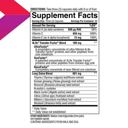 4life Transfer Factor Lung Respiratory Health with Thyme, Broccoli, NAC, Vitamin C and E, Black Cumin, and Bilberry, Supplement Facts