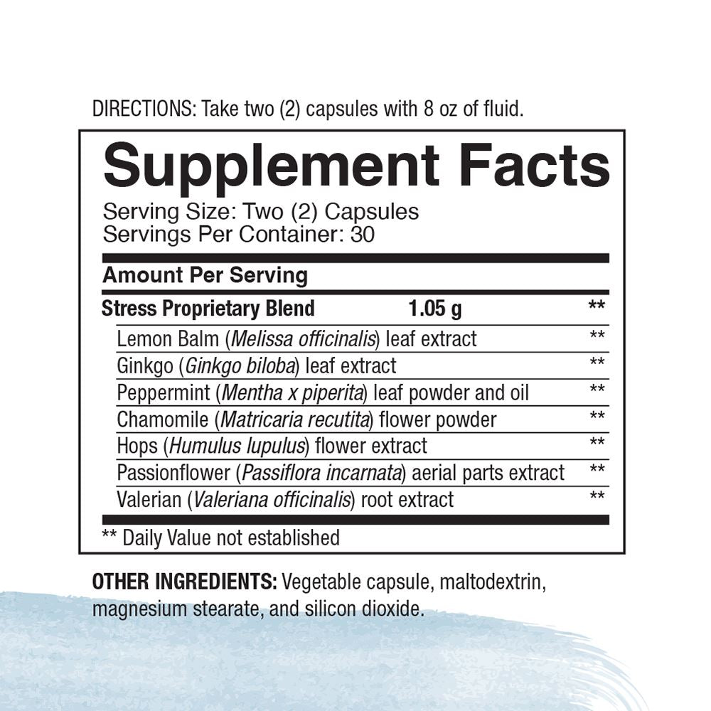 4Life Stress Formula - Dietary Supplement Supports Nervous System, Healthy Sleep, and Relaxation - Supplement Formula with Lemon Balm, Chamomile, Peppermint Leaf, and Valerian Root - 60 Capsules, Supplement facts