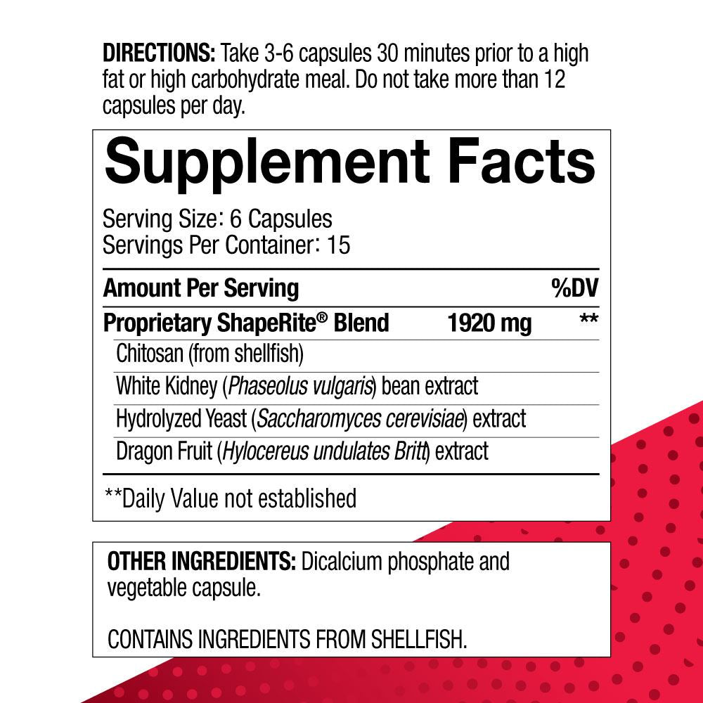 4life Shaperite Appetite Control Fat and Carb Blocker with Chitosan, Hydrolyzed Yeast, and Dragon Fruit Extract, Supplement facts