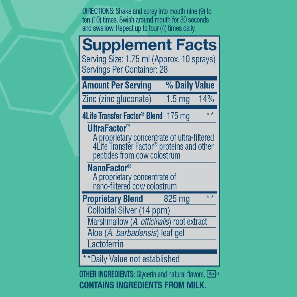 4Life Transfer Factor Immune Spray - Mouth and Throat Immune System Support Spray - Formula with Zinc, Marshmallow Root Extract, and Colloidal Silver - 1.7 Fluid Ounces - Mint Flavor, Supplement Facts