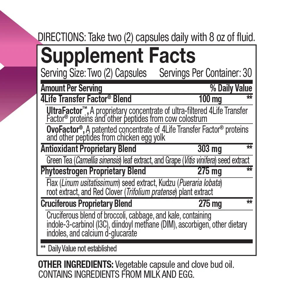 4Life Transfer Factor Belle Vie - Reproductive Health Supplement for Women - Phytoestrogen Blend with Kudzu, Flax, and Red Clover - Supports Endocrine System & Immune Function - 60 Veggie Capsules, Supplement Facts