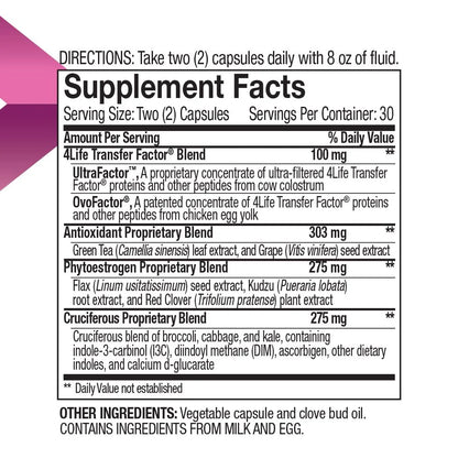 4Life Transfer Factor Belle Vie - Reproductive Health Supplement for Women - Phytoestrogen Blend with Kudzu, Flax, and Red Clover - Supports Endocrine System & Immune Function - 60 Veggie Capsules, Supplement Facts