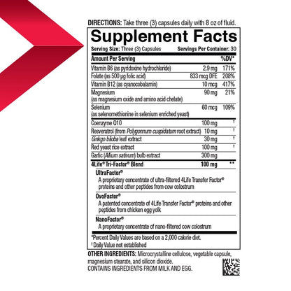 4Life Transfer Factor Cardio - Heart Support Dietary Supplement with Ginkgo Biloba, Garlic, Red Yeast Rice, and Resveratrol - 90 Capsules, Supplement facts