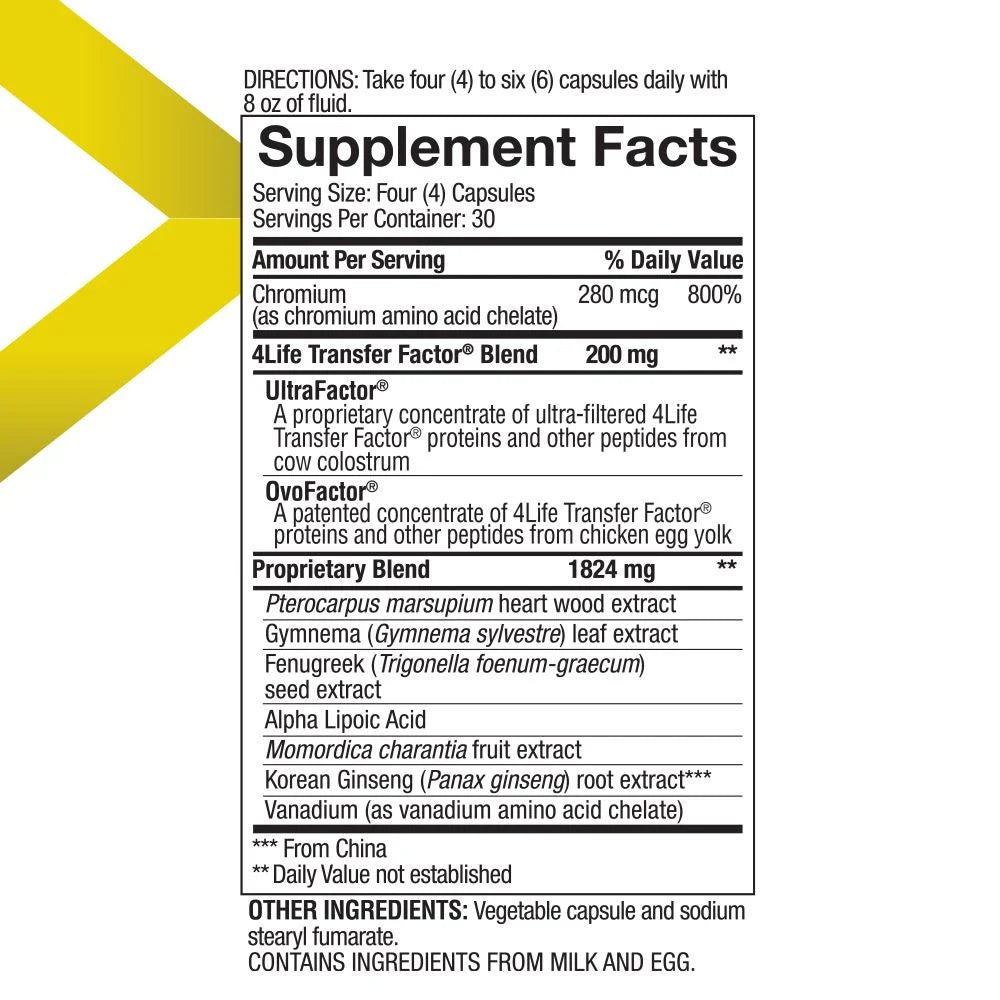 4Life Transfer Factor GluCoach for Diabetics, Healthy Glucose Levels - Targeted Healthy Hormone Balance, Endocrine, and Metabolic System Support - Dietary Supplement Supports Healthy Metabolism - 120 Capsules, Supplement Facts