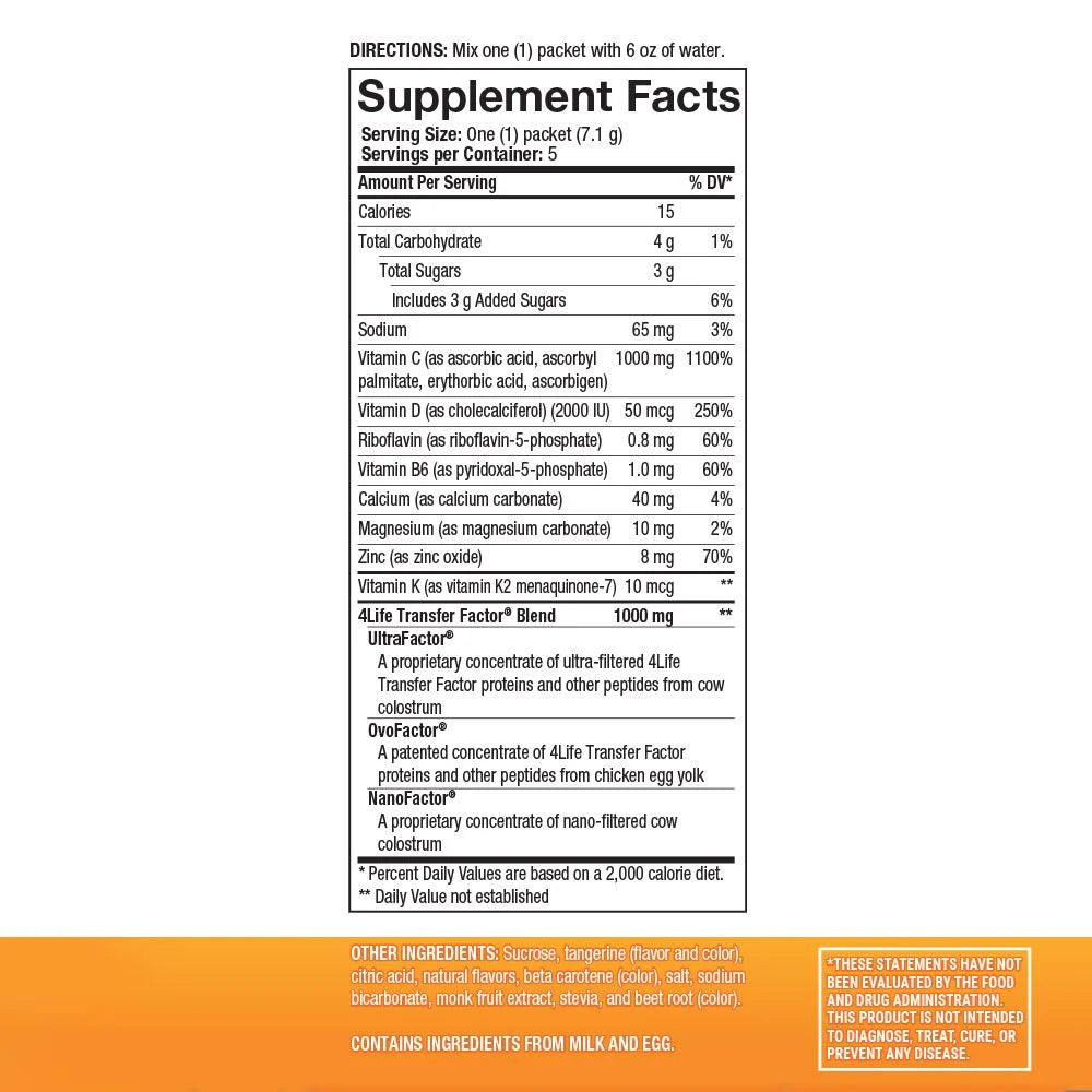 4Life Transfer Factor Immune Boost Immune Defense with Transfer Factor, Zinc, Vitamin D, Vitamin K2 and Vitamin C - 5 Powder Packs, Supplement facts