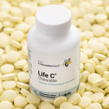 4Life Life C - Features 7 Active Forms of Natural Vitamin C for Immune Support, Increased Nutrient Absorption, and Antioxidant Benefits - Citrus Flavor - 60 Chewable Tablets, Close Up with Chewables