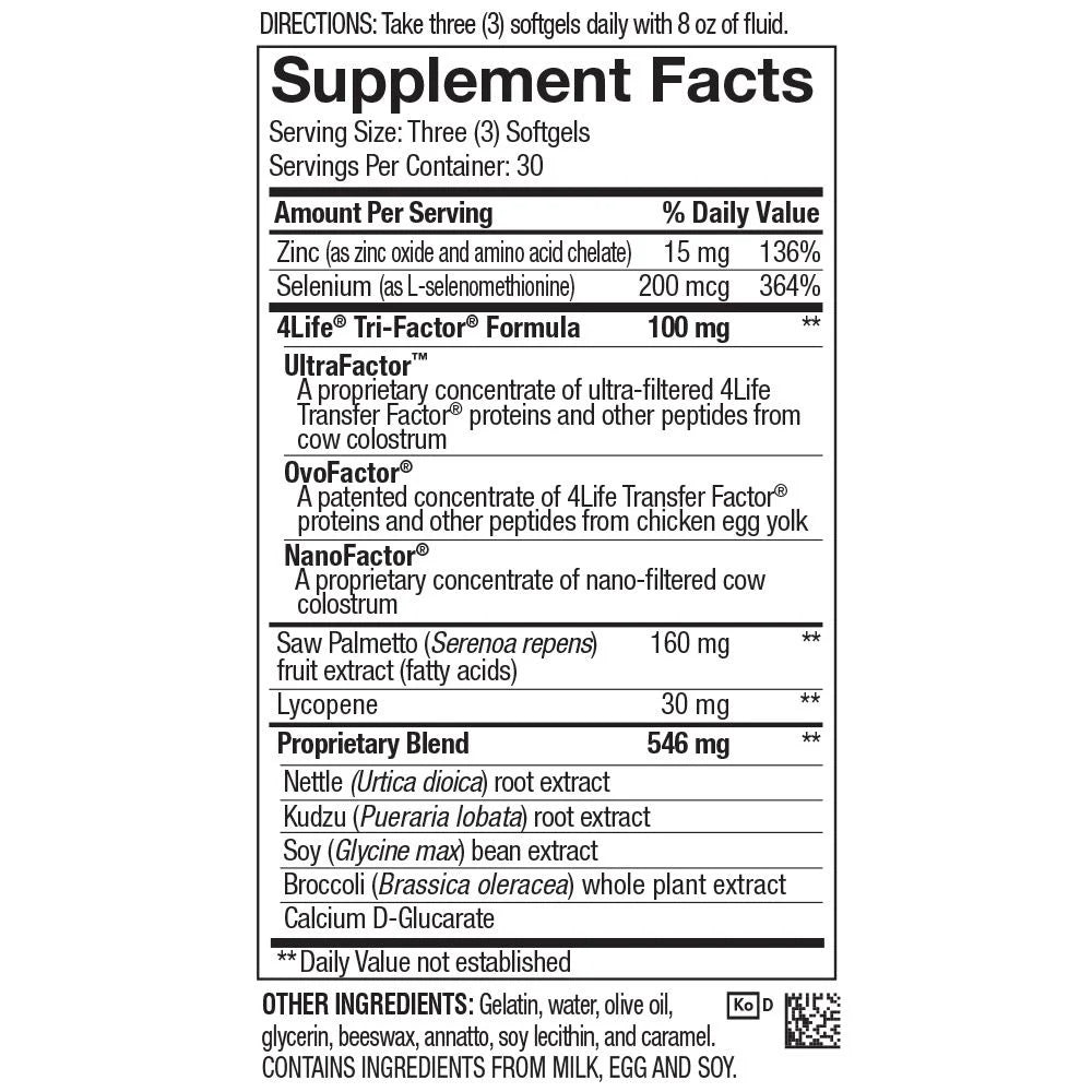 4life Transfer Factor Malepro Mens Prostate Health with Saw Palmetto, Lycopene, Isoflavones, and Broccoli Extract, Supplement Facts