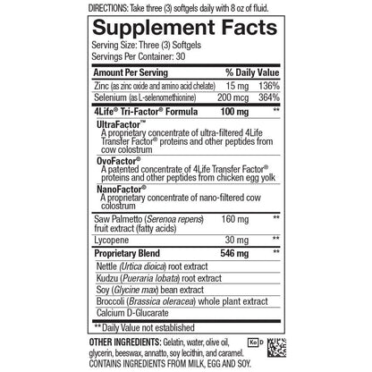 4life Transfer Factor Malepro Mens Prostate Health with Saw Palmetto, Lycopene, Isoflavones, and Broccoli Extract, Supplement Facts