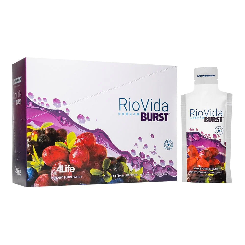 4life RioVida Burst Antioxidant blend with Apple, Purple Grape, Blueberry, Açaí, Pomegranate, and Elderberry Fruit Juices, Close Up of Packet