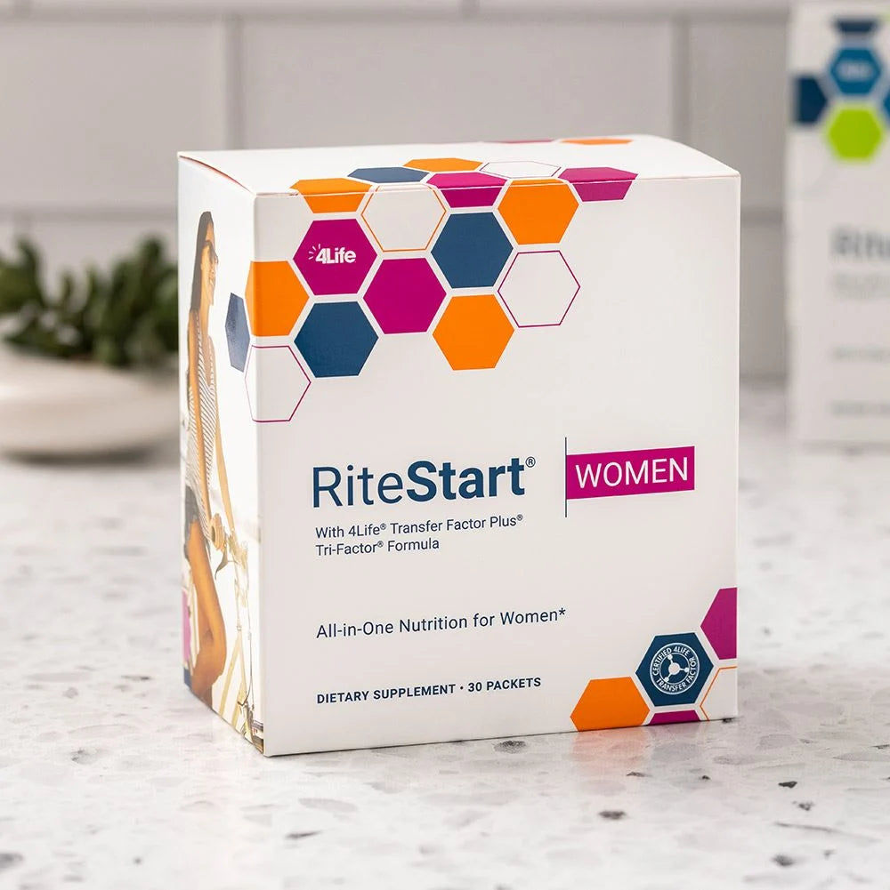 4Life RiteStart Women - Daily Nutritional Pack Supports Immune System Health - Daily Supplement Formula with Zinc, Vitamin C, K2, B12, B6, B1, E, A, D Biotin, Iron, and Selenium - 1 Box (30 Packets), Front Image with Background