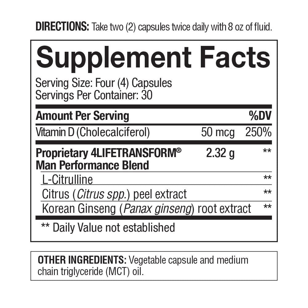 4Life Transform Man – Sexual Performance & Vitality Supplement for Men - Supports Nitric Oxide Production, Energy, & Overall Well-Being with L-Citrulline, Vitamin D3, & Korean Ginseng – 120 Caps, Supplement Facts