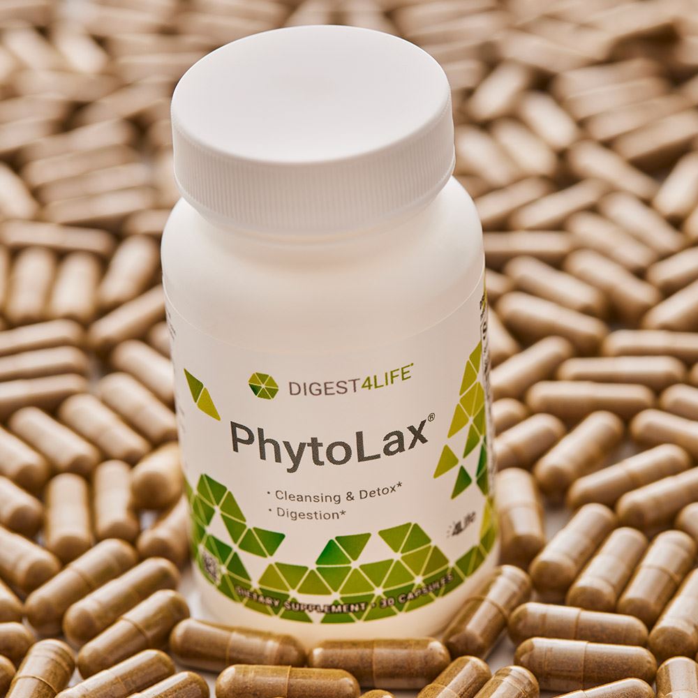 4life PhytoLax Herbal Laxative for Gut Detox with Senna Leaf, Cascara Sagrada, Rhubarb, Black Walnut Hull, Frangula Bark, Buckthorn Bark, and Ginger, Close Up with Capsules