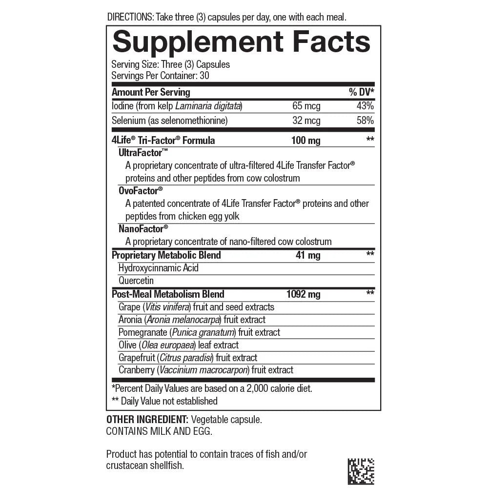 4life Transfer Factor Metabolite Thyroid Health blend Supplement with Iodine from Kelp and Selenium, Supplement Facts, Front View