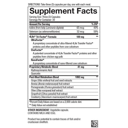 4life Transfer Factor Metabolite Thyroid Health blend Supplement with Iodine from Kelp and Selenium, Supplement Facts, Front View