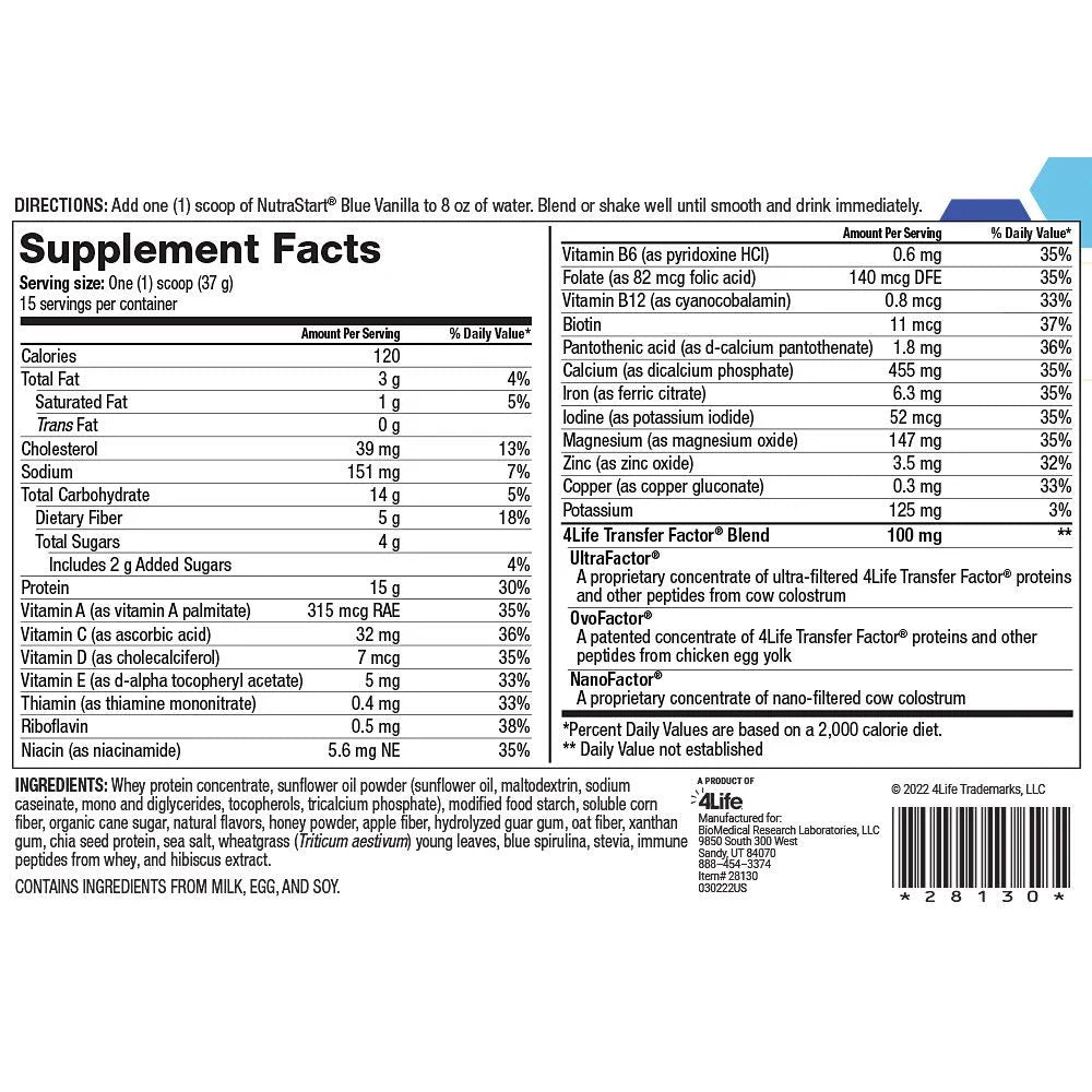 4Life NutraStart Blue Vanilla Shake Mix - Nutrient-Packed with Hydrolyzed Whey Protein, Wheatgrass, Chia, Spirulina Fiber, Vitamins & Minerals, Immune Support, Superfoods, 120 Calories/Serving, No Artificial Flavors -1.2lb (15 servings), Supplement Facts