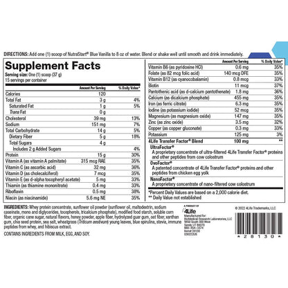 4Life NutraStart Blue Vanilla Shake Mix - Nutrient-Packed with Hydrolyzed Whey Protein, Wheatgrass, Chia, Spirulina Fiber, Vitamins & Minerals, Immune Support, Superfoods, 120 Calories/Serving, No Artificial Flavors -1.2lb (15 servings), Supplement Facts