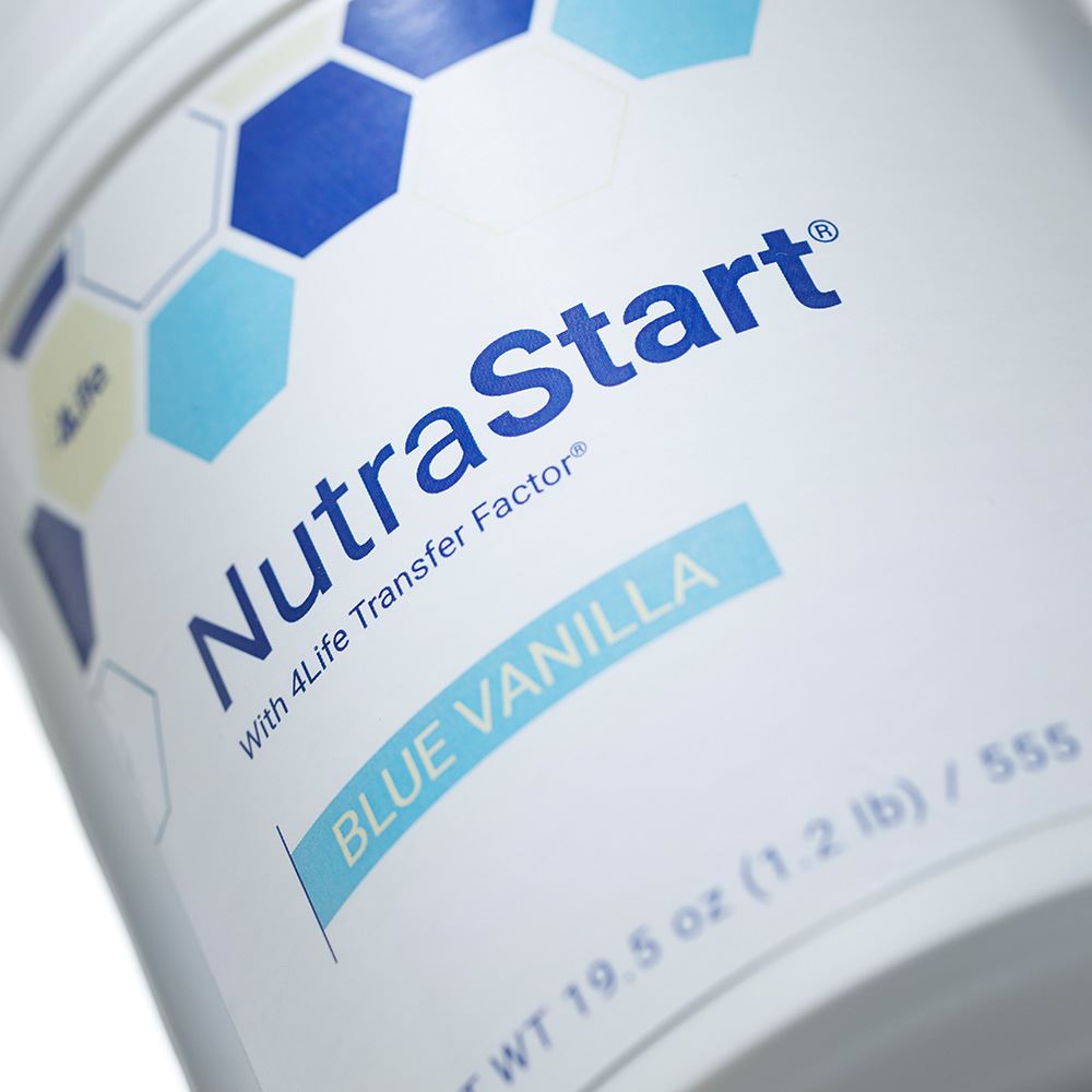 4Life NutraStart Blue Vanilla Shake Mix - Nutrient-Packed with Hydrolyzed Whey Protein, Wheatgrass, Chia, Spirulina Fiber, Vitamins & Minerals, Immune Support, Superfoods, 120 Calories/Serving, No Artificial Flavors -1.2lb (15 servings), Close Up at an Angle