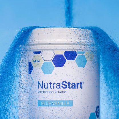 4Life NutraStart Blue Vanilla Shake Mix - Nutrient-Packed with Hydrolyzed Whey Protein, Wheatgrass, Chia, Spirulina Fiber, Vitamins & Minerals, Immune Support, Superfoods, 120 Calories/Serving, No Artificial Flavors -1.2lb (15 servings) Close Up of Product Poured