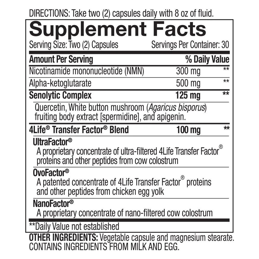 4Life Transfer Factor Agepro NAD+ Booster Supplement with Quercetin, AKG, spermidine, apigenin and Transfer Factors - 60 Capsules, Supplement facts