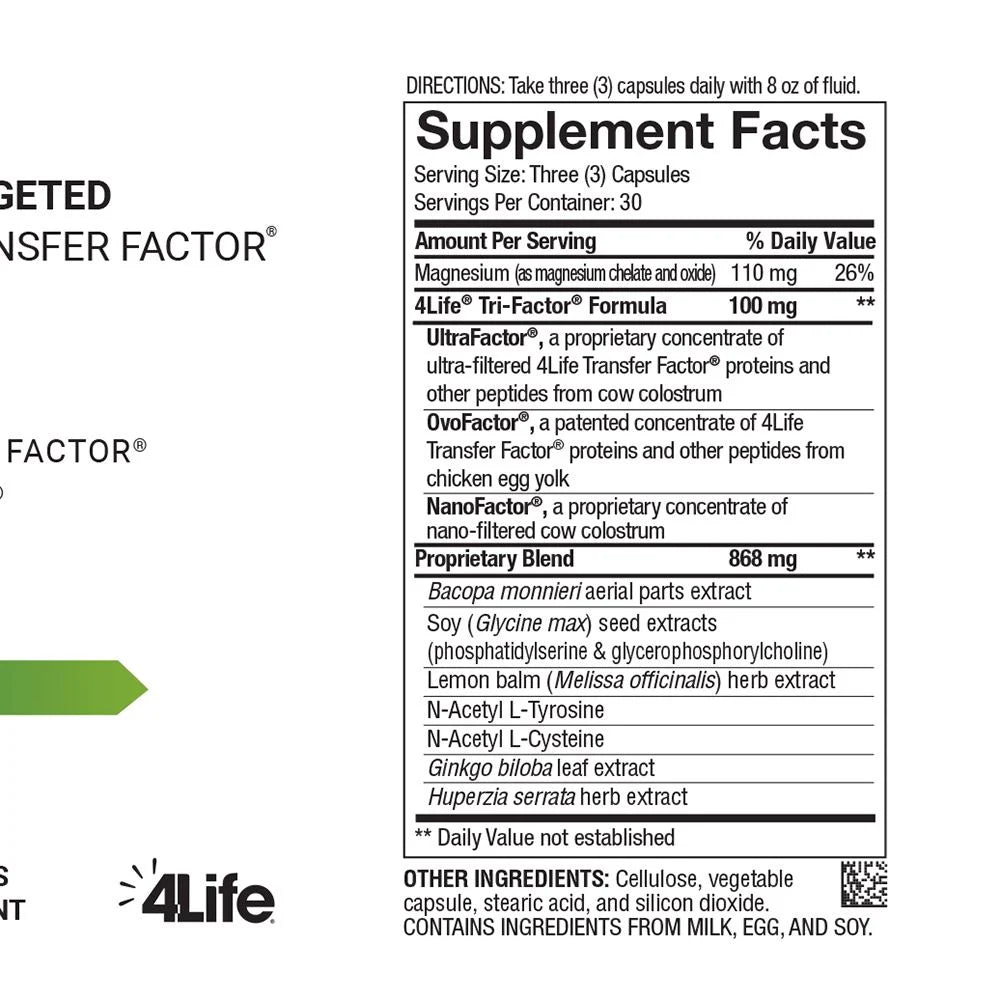 4Life Transfer Factor Recall - Brain Health Supplement for Memory & Learning Support - with Ginkgo Biloba, Bacopa Monnieri, & Huperzia Serrata - Supports Immune System - 90 Veggie Capsules, supplement Facts