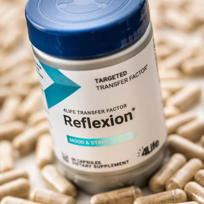 4Life Transfer Factor Reflexion - Targeted Mindset, Stress, and Brain Support with L-Theanine, Wild Green Oat, and Proprietary Tri-Factor Immune Support Formula - 60 Capsules, Close Up image with capsules