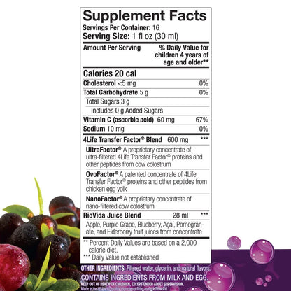 4Life Transfer Factor RioVida Tri-Factor Formula - Liquid Immune System and Antioxidant Support with Vitamin C, Elderberry, Blueberry, and Acai - Single Pack, Supplement Facts