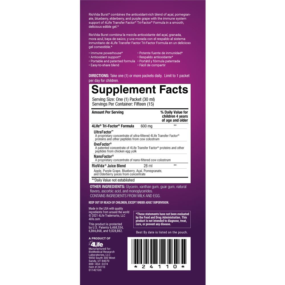 4life RioVida Burst Antioxidant blend with Apple, Purple Grape, Blueberry, Açaí, Pomegranate, and Elderberry Fruit Juices, Supplement facts