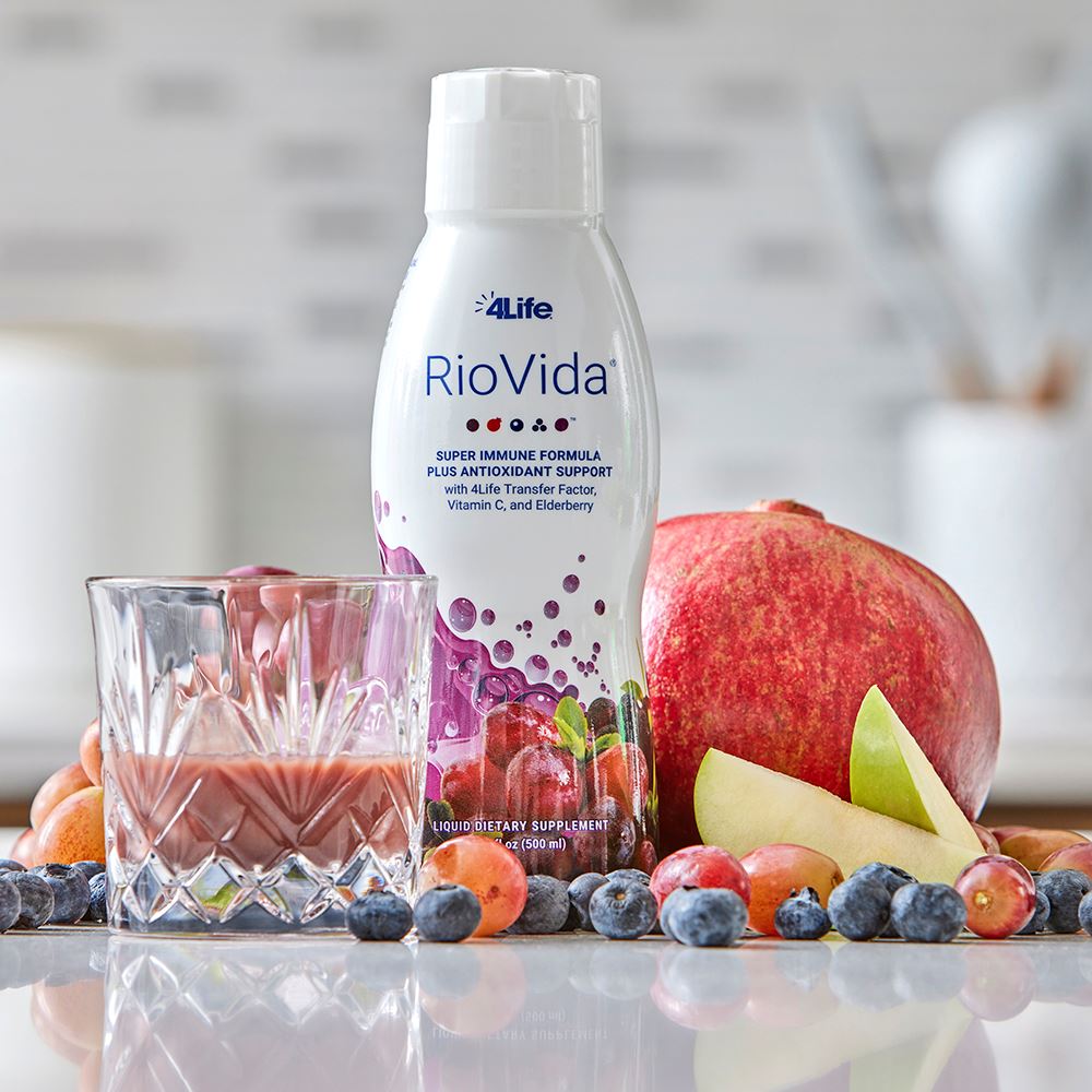 4Life Transfer Factor RioVida Tri-Factor Formula - Liquid Immune System and Antioxidant Support with Vitamin C, Elderberry, Blueberry, and Acai - Single Pack, Image with Fruit and Cup