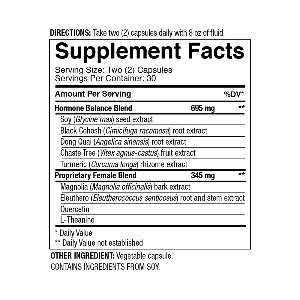 4Life BioGenistein Ultra - Soy Isoflavones, Black Cohosh & Chaste Tree for Complete Hormonal Support, Female Health & Emotional Balance - Support with Quercetin, L-Theanine, and Turmeric, Supplement Facts, Front View