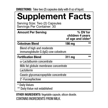 4Life - Fortified Colostrum - Bovine Colostrum Veggie Capsules for Immune, Absorptive, Respiratory and Brain Function Support with Lactoferrin, Lactalbumin, and Milk Fat Globule Membrane, Supplement Facts, Front View