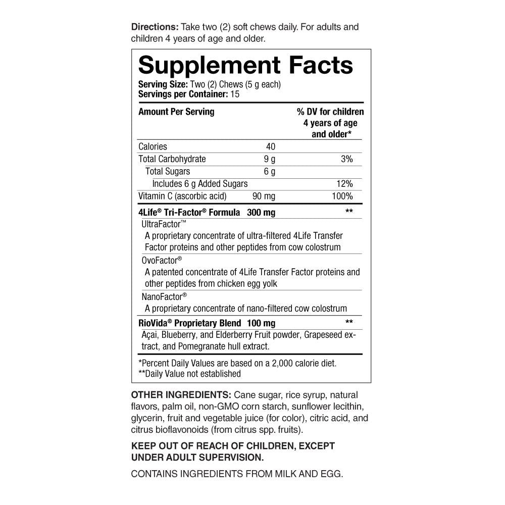 4Life RioVida Chews - Dietary Supplement Supports Healthy Immune System Function and Aging - Supplement Formula with Vitamin C, Pomegranate, Elderberry, Acai Berry, and Transfer Factor Proteins - 30 Chews, Supplement Facts