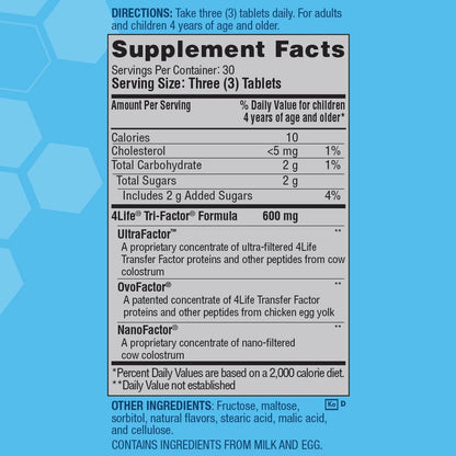 4Life Transfer Factor Chewable Tri-Factor Formula - Immune Support with Extracts of Cow Colostrum and Chicken Egg Yolk - Citrus Cream Flavor - 90 Chewable Tablets, Supplement Facts