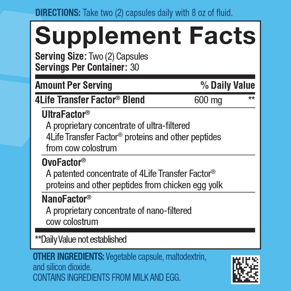 4Life Transfer Factor Tri-Factor Formula - Advanced Immune Support Supplement with Cow Colostrum & Chicken Egg Yolk - Boosts NK Cell Activity & Overall Immunity - 60 Veggie Capsules, Supplement Facts