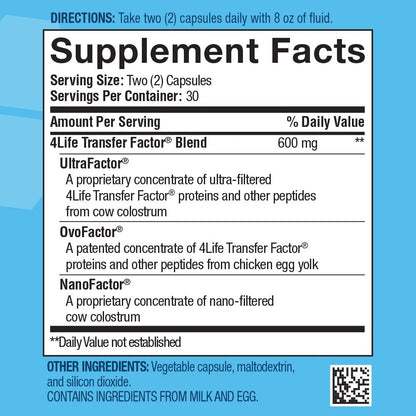 4Life Transfer Factor Tri-Factor Formula - Advanced Immune Support Supplement with Cow Colostrum & Chicken Egg Yolk - Boosts NK Cell Activity & Overall Immunity - 60 Veggie Capsules, Supplement Facts