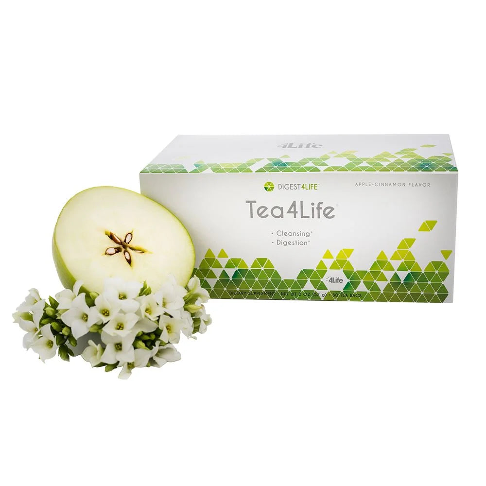 4life Tea4life Herbal Tea for Digestive System Function Apple Cinnamon Flavor with Senna leaf, Cinnamon, Buckthorn, and Rooibos, Front Image with Apple