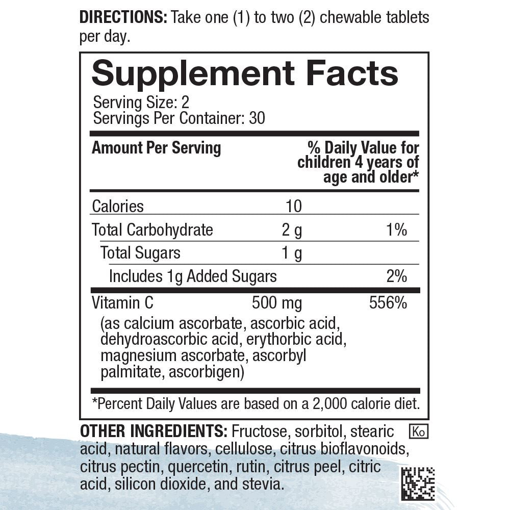 4Life Life C - Features 7 Active Forms of Natural Vitamin C for Immune Support, Increased Nutrient Absorption, and Antioxidant Benefits - Citrus Flavor - 60 Chewable Tablets, Supplement Facts, Close Up