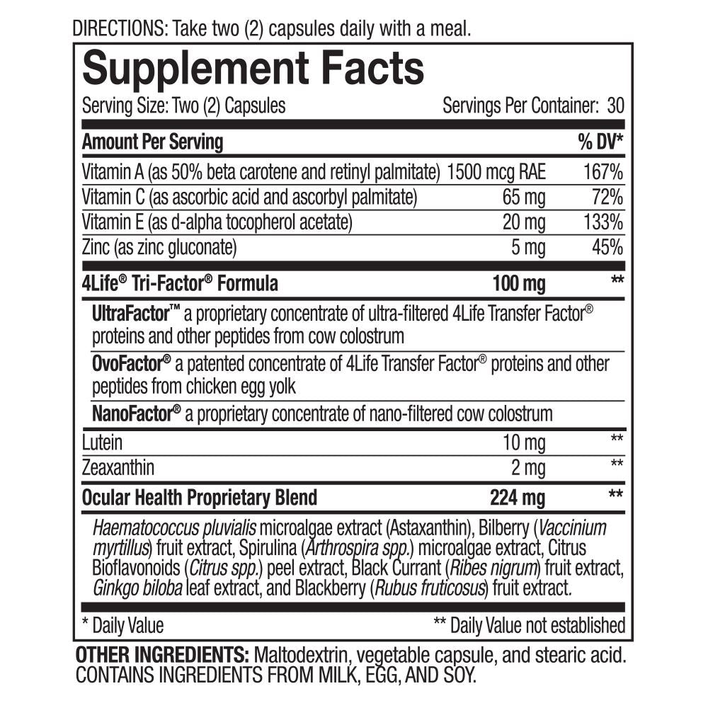 4Life Transfer Factor Vista - Dietary Supplement for Eye Health and Vision Support - Supplement Formula with Lutein, Zeaxanthin, Zinc, Vitamin C, and Black Currant - 60 Capsules, Supplement Facts