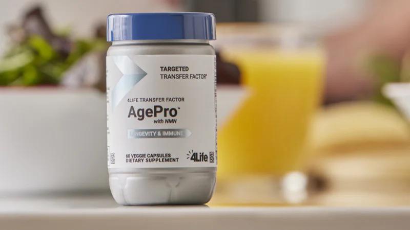 4Life Transfer Factor Agepro NAD+ Booster Supplement with Quercetin, AKG, spermidine, apigenin and Transfer Factors - 60 Capsules, Front Image with Background