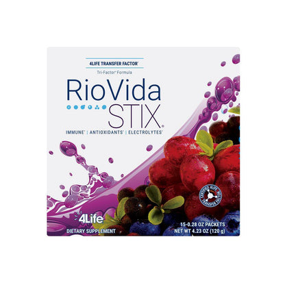 4Life Transfer Factor RioVida Stix Tri-Factor Formula - Support Healthy Immune System with Elderberry, Blueberry, Pomegranate, and Acai - Antioxidant Support - 15 Powder Packs, Front Image