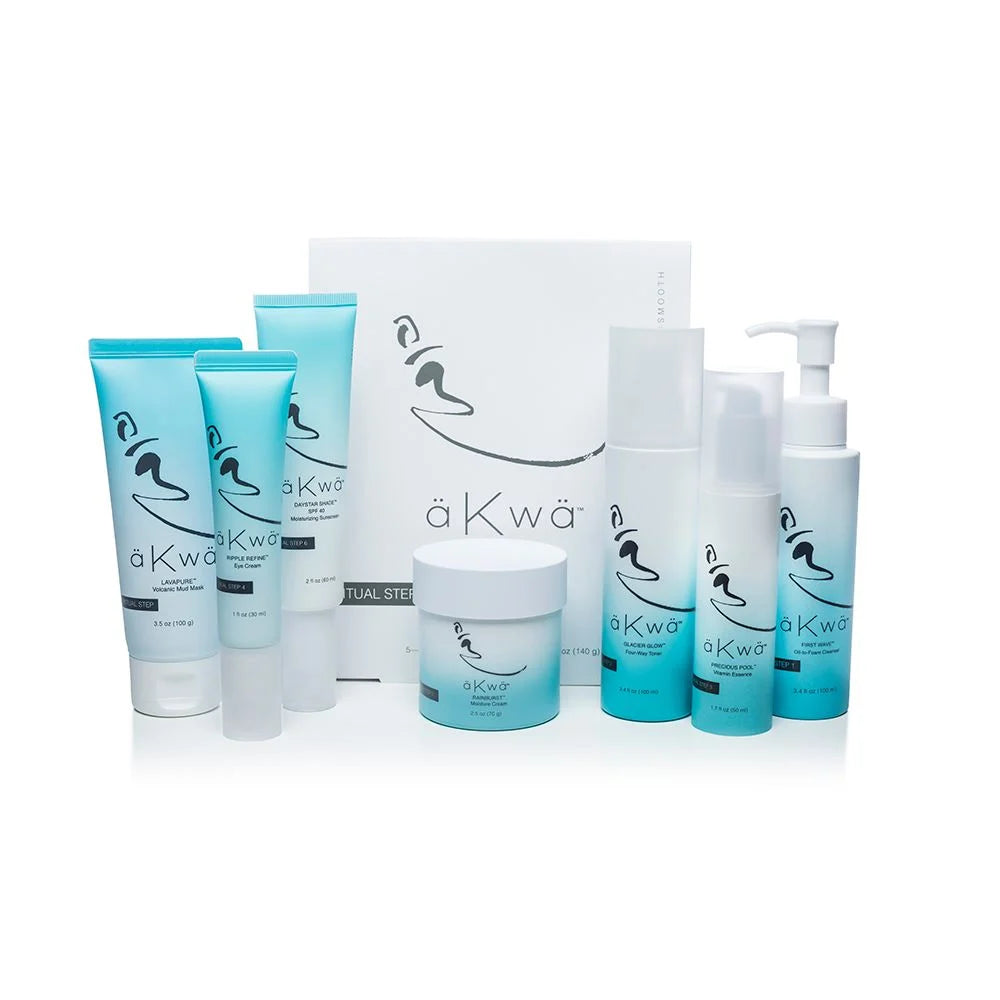 4life Transfer Factor aKwa Korean Skincare Full Kit with Face Cleanser, Volcanic Mud Mask, Niacinamide and Adenosine Face Toner, Vitamin C serum, Eye bag removal cream, Korean Facemask, Face moisturizer cream, and SPF 30 Sunscreen, Front Image of all Products